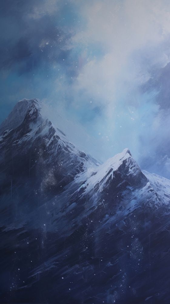 Northern lights over snowy mountains painting nature sky.