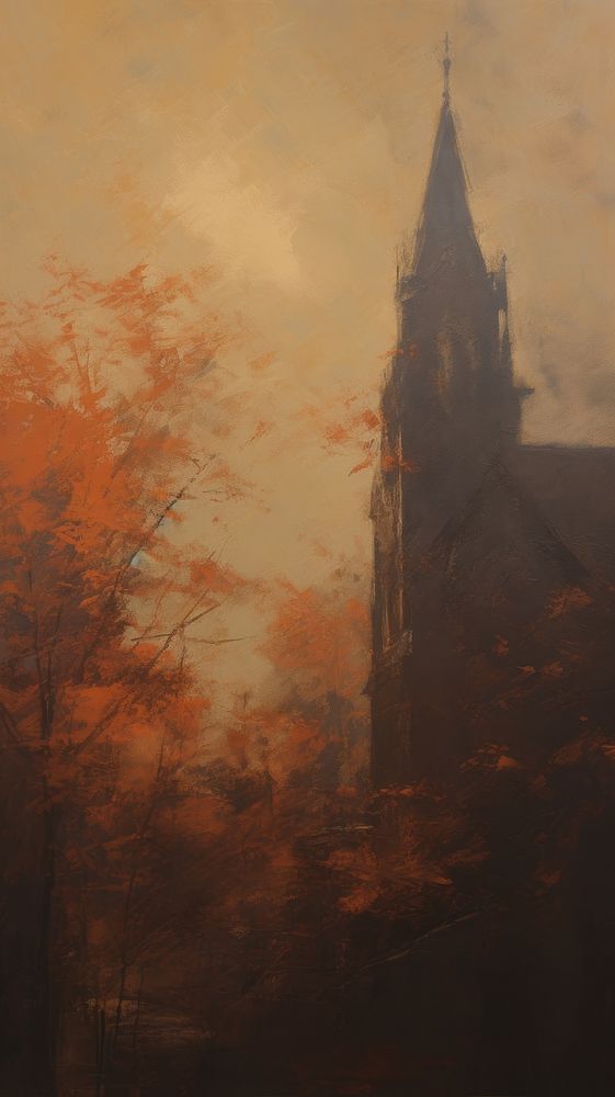Old church painting outdoors fog.