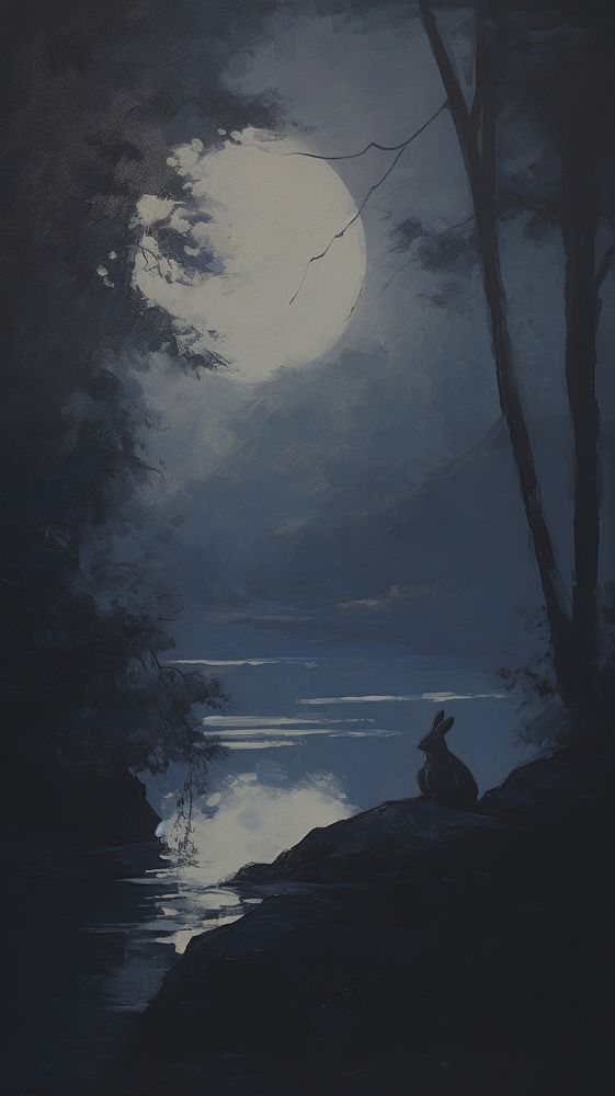 Rabbit under the moonlight by a river outdoors painting nature.