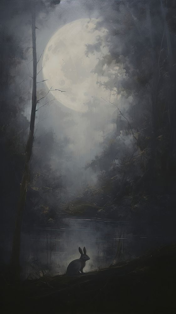 Rabbit under the moonlight by a river painting outdoors nature.