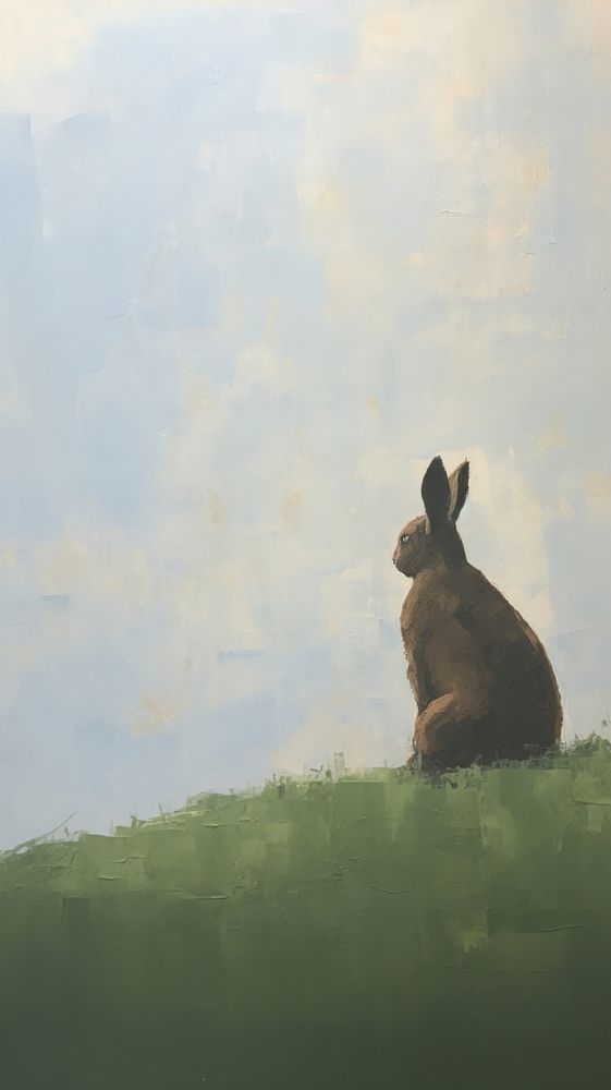 Side view of rabbit sitting on grassy field painting mammal animal.
