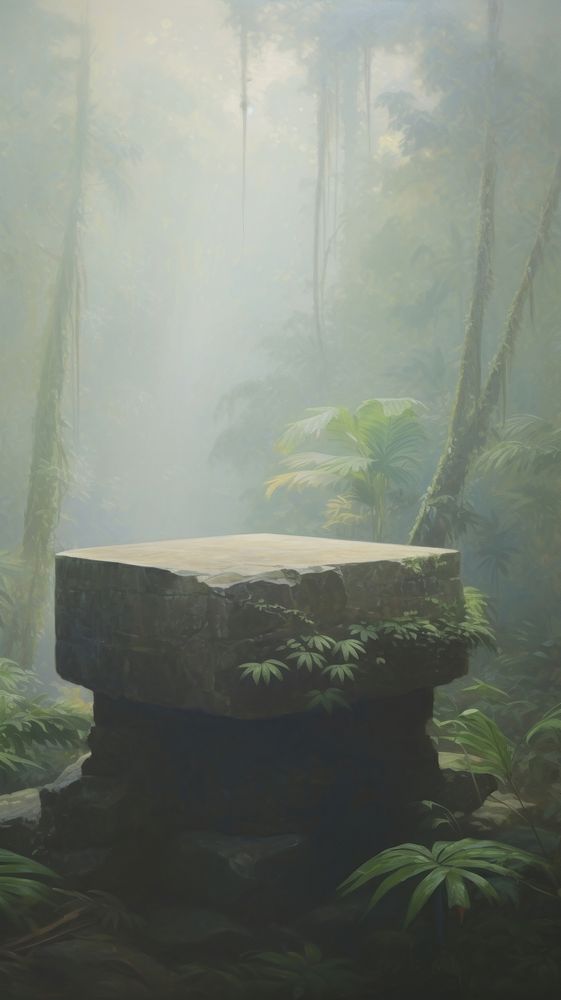 Stone platform pedestal in tropical forest for product outdoors woodland nature.