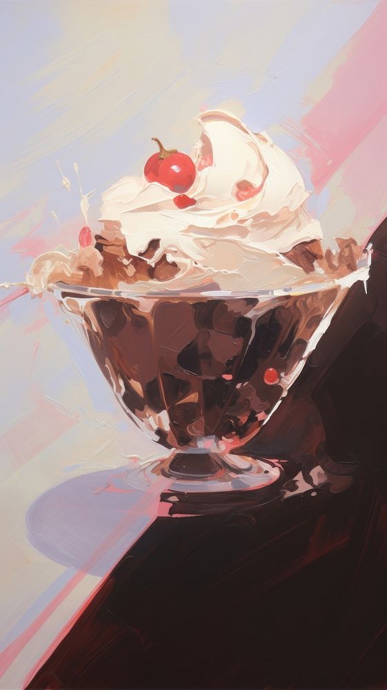 Strawberry and chocolate sundae ice cream cup and wafer painting dessert food.