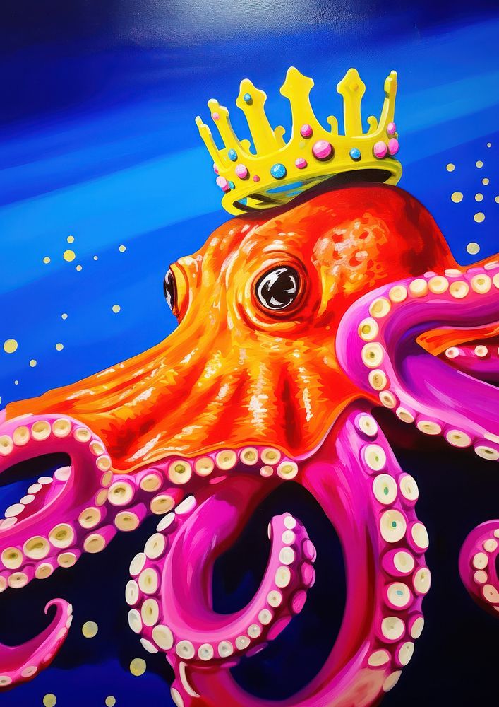 Octopus with crown oil painting animal marine yellow.