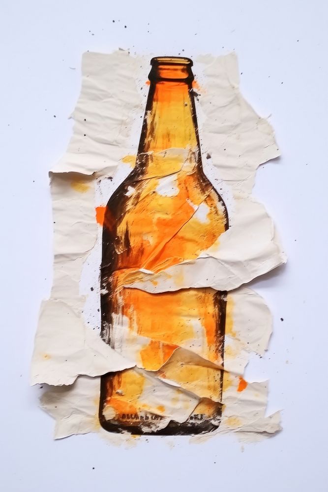 Beer ripped paper collag bottle drink art.