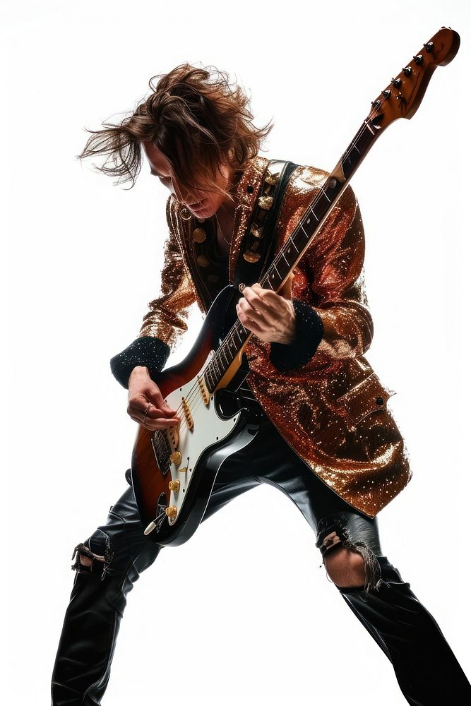 Play of rock guitarist with glittering jacket musician white background entertainment.