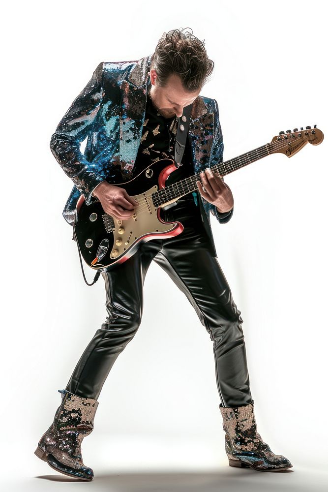 Play of rock guitarist with glittering jacket footwear musician adult.
