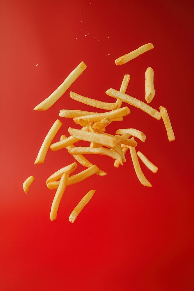 Photo of french fries food red red background.