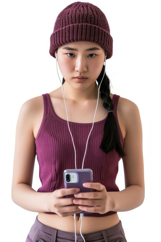 Women using using smart phone and Earbuds beanie purple hat.