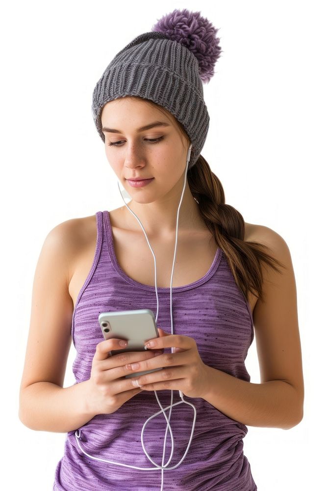 Women using using smart phone and Earbuds hat white background portability.