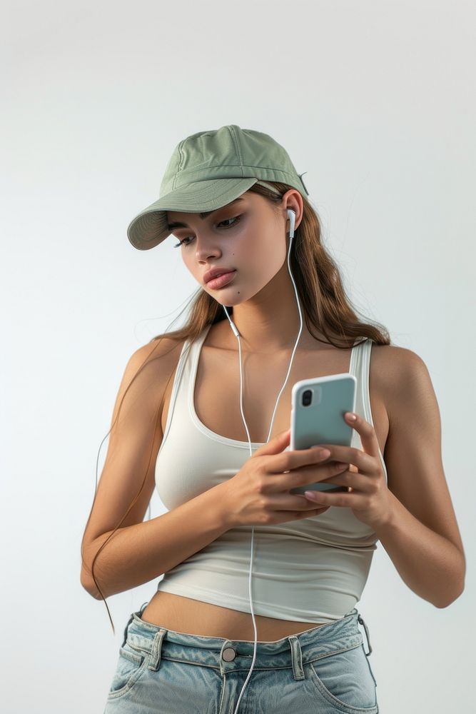 Women using using smart phone and Earbuds portrait earbuds hat.