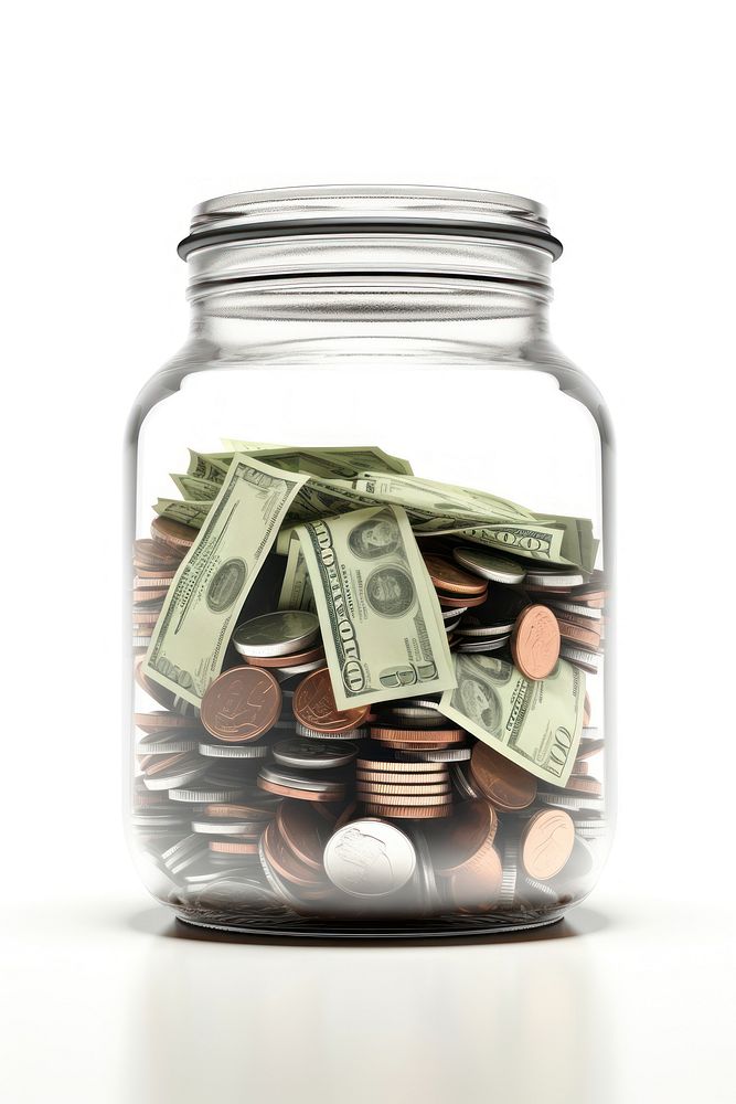 Money in glass jar savings white background investment.