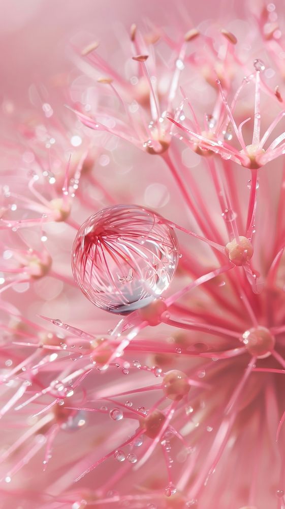 Water droplet on allium flower blossom petal.