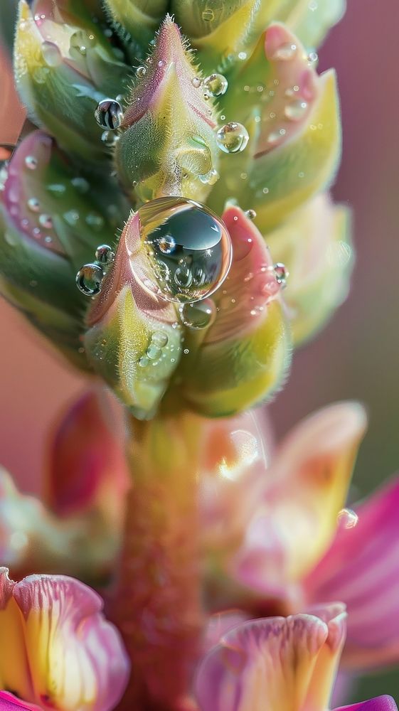 Water droplet on lupine flower plant petal.