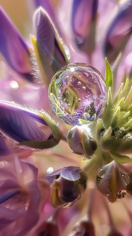 Water droplet on lupine flower purple petal.