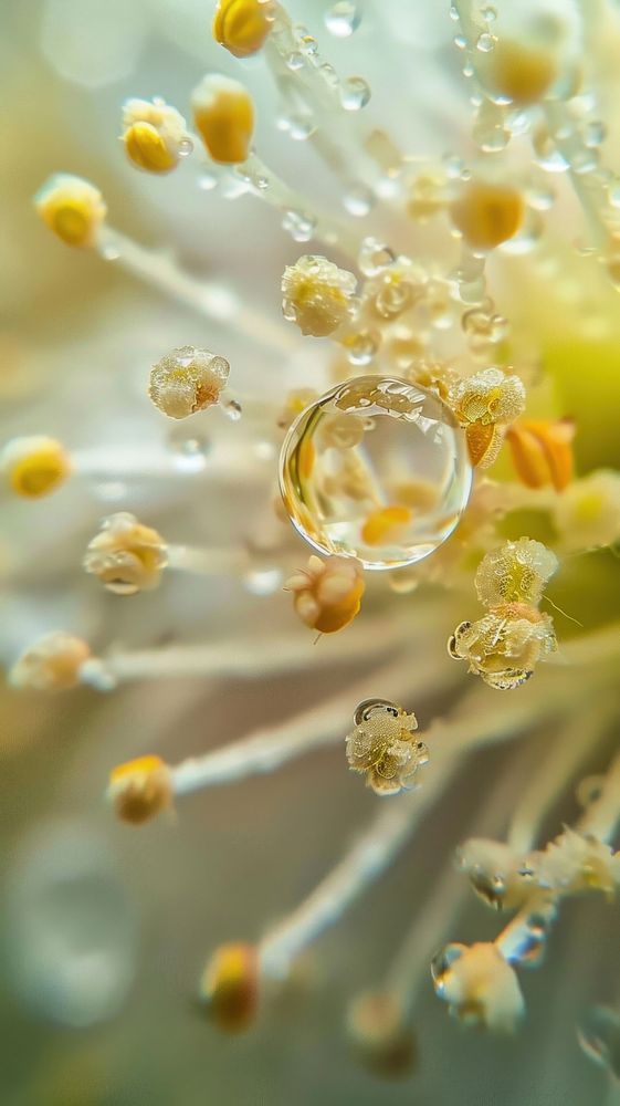 Water droplet on rowan flower petal plant.