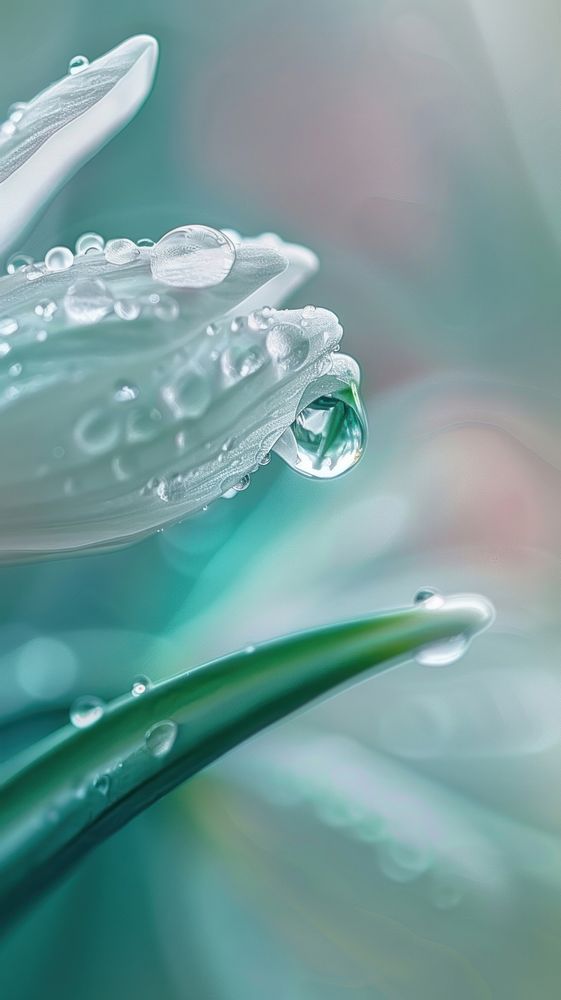 Water droplet on snowdrop flower petal leaf dew.