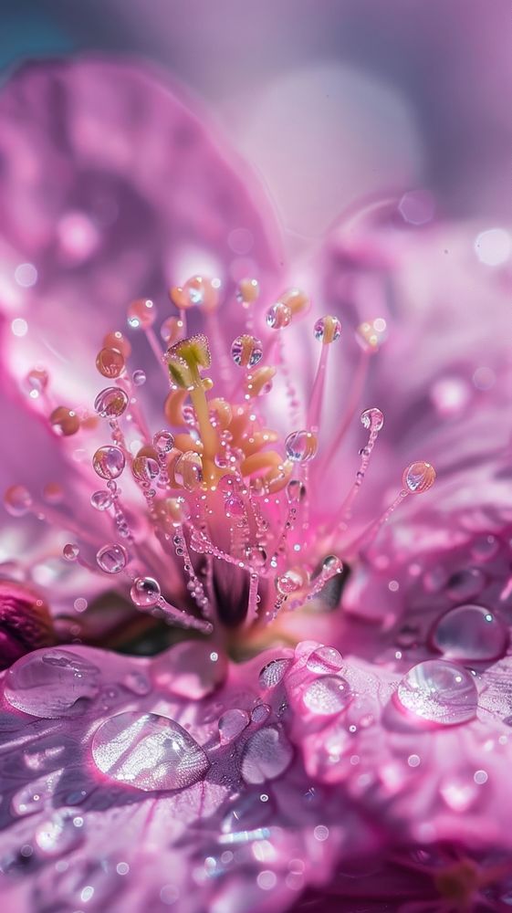 Water droplets on blossom flower petal plant.