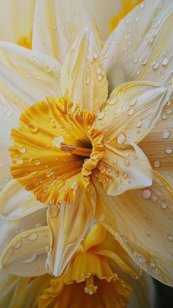 Water droplets on daffodil flower blossom petal.