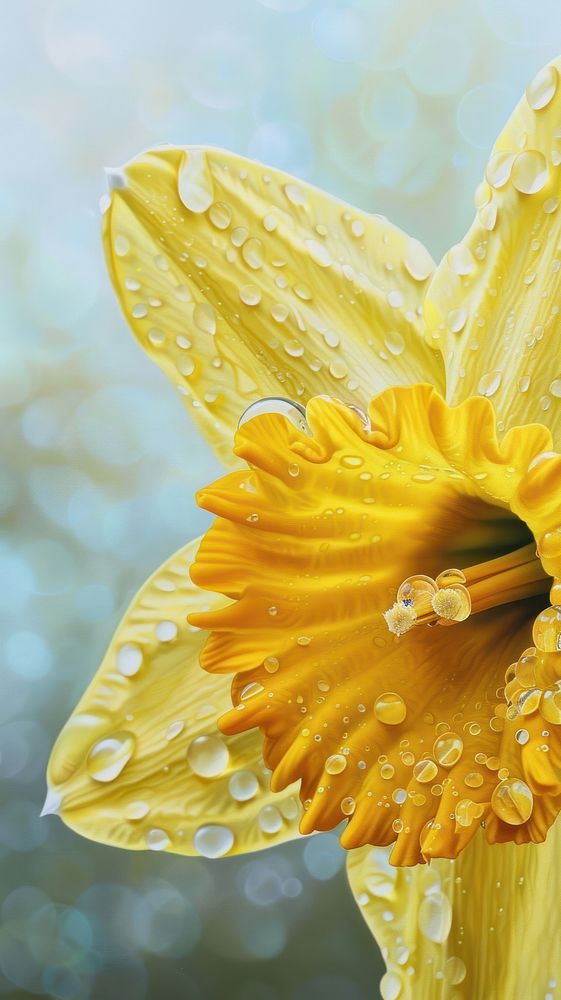 Water droplets on daffodil flower blossom plant.