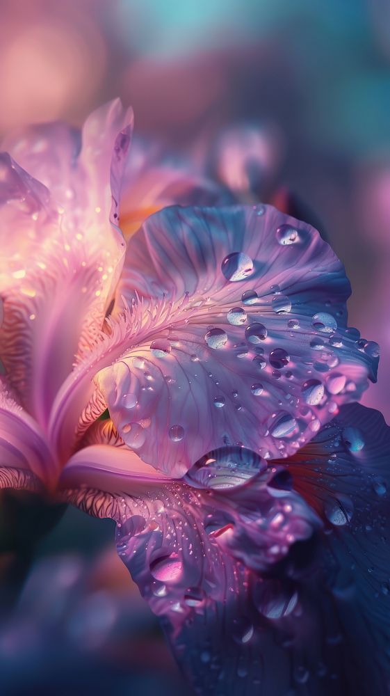 Water droplets on iris flower blossom purple.