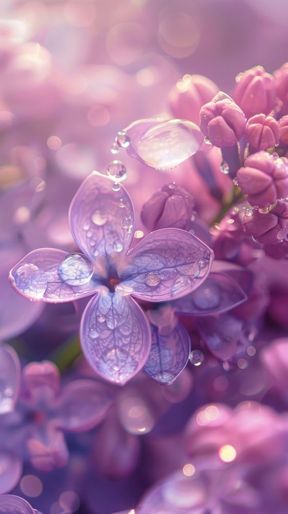 Water droplets on lilac flower blossom petal.