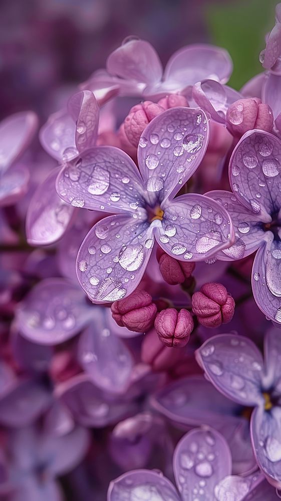 Water droplets on lilac flower blossom petal.