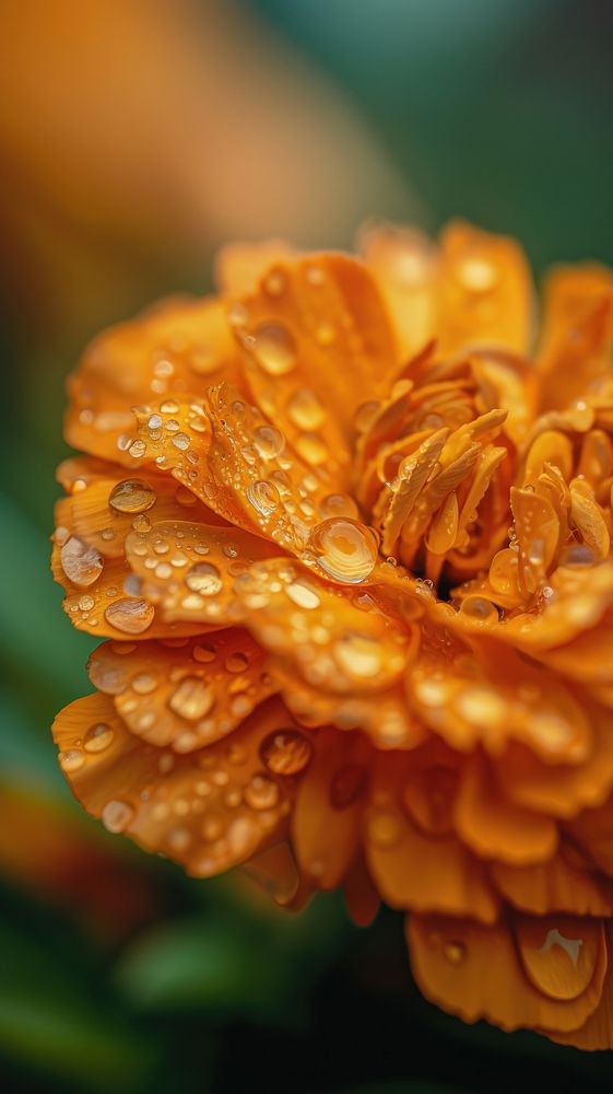 Water droplets on marigold flower petal plant.