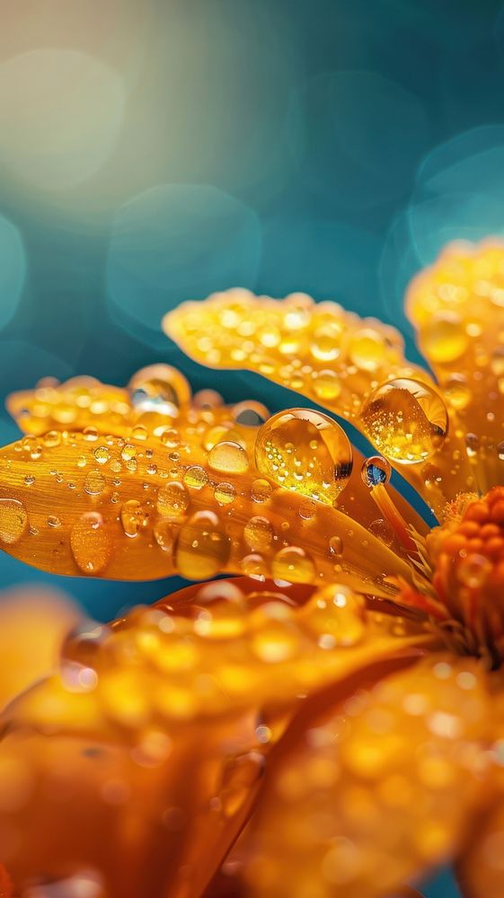 Water droplets on marigold bright flower petal.