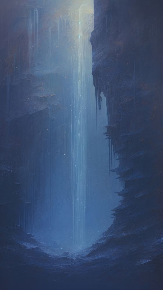 Acrylic paint of fountain aurora waterfall nature cave.