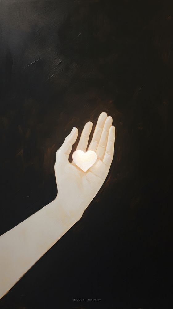 Acrylic paint of hand holding heart finger darkness symbol.