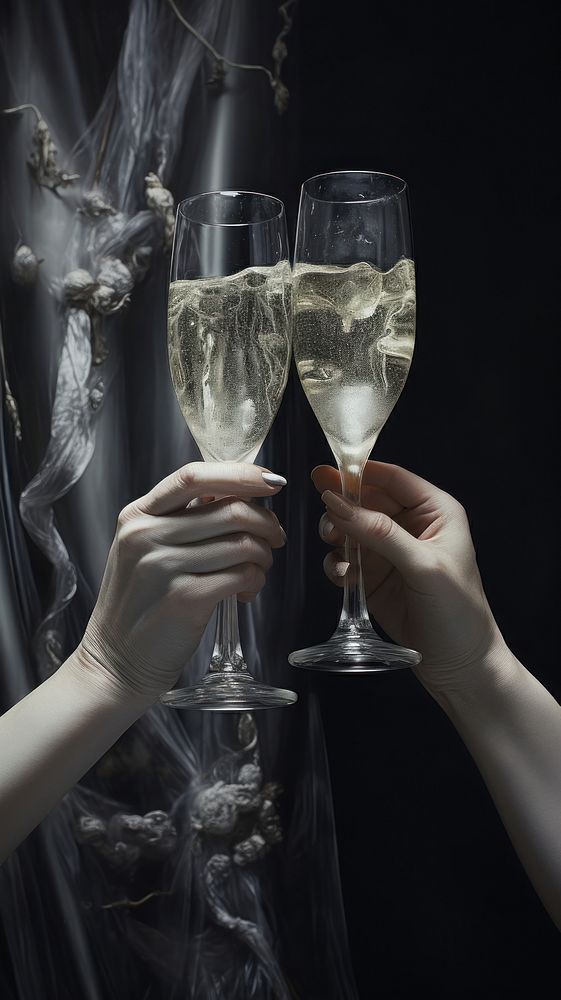 Grey tone hands cheers champagne glasses drink adult wine.