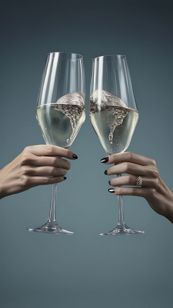 Grey tone hands cheers champagne glasses drink wine refreshment.