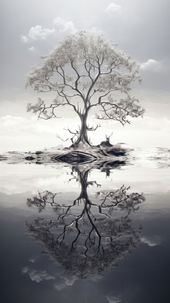Grey tone wallpaper tree of life reflection landscape outdoors.