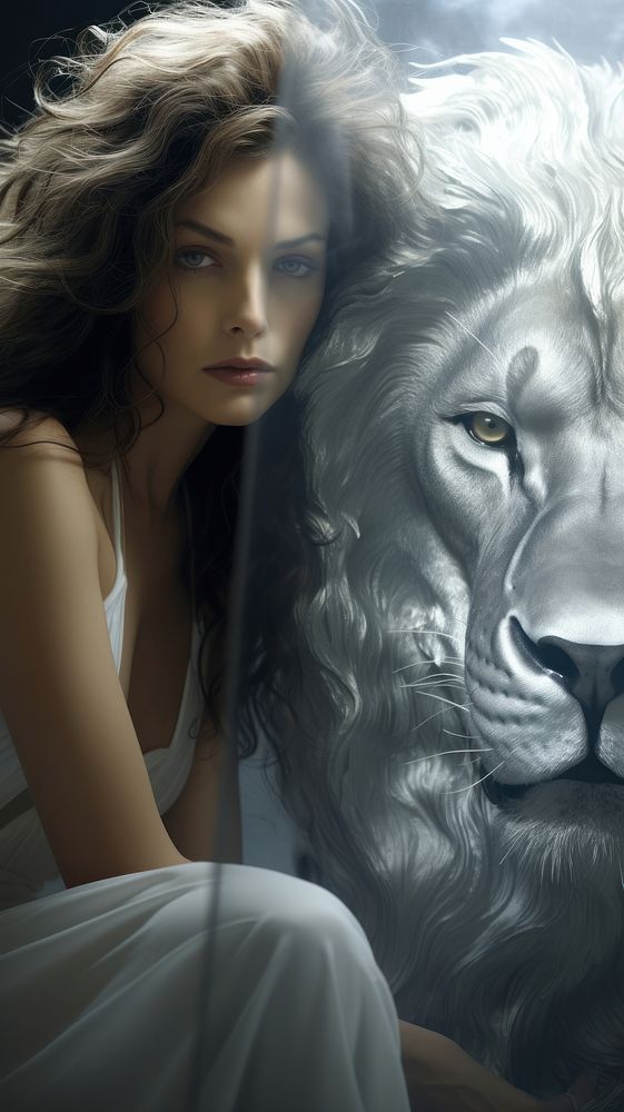 Grey tone wallpaper woman and lion photography portrait mammal.