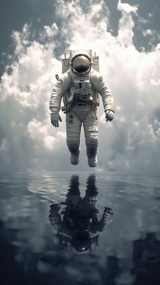Grey tone wallpaper astronaut floating on space reflection transportation accessories.
