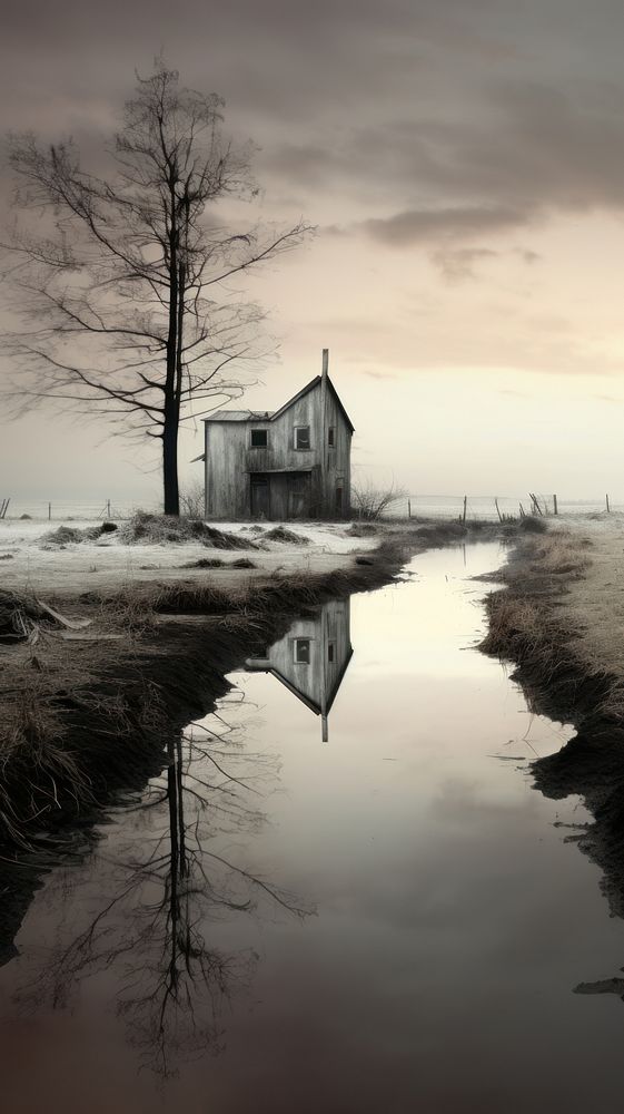 Grey tone wallpaper countryside architecture reflection building.