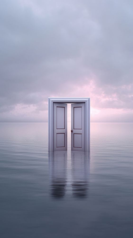 Floating door on calm ocean architecture reflection building.