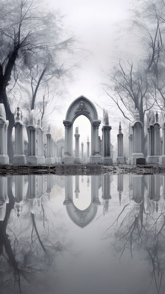 Grey tone wallpaper graveyard arch architecture reflection.