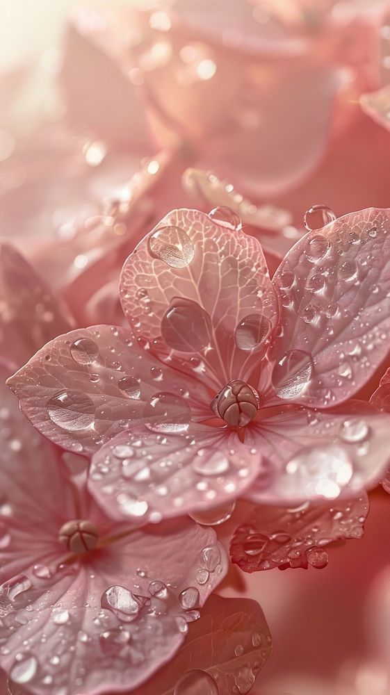 Water droplets on hydrangea flower petal plant.