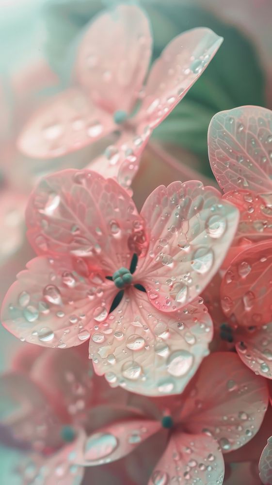 Water droplets on hydrangea flower blossom nature.