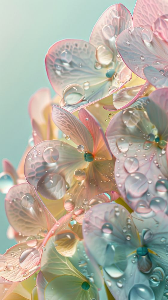 Water droplets on hydrangea flower nature petal.