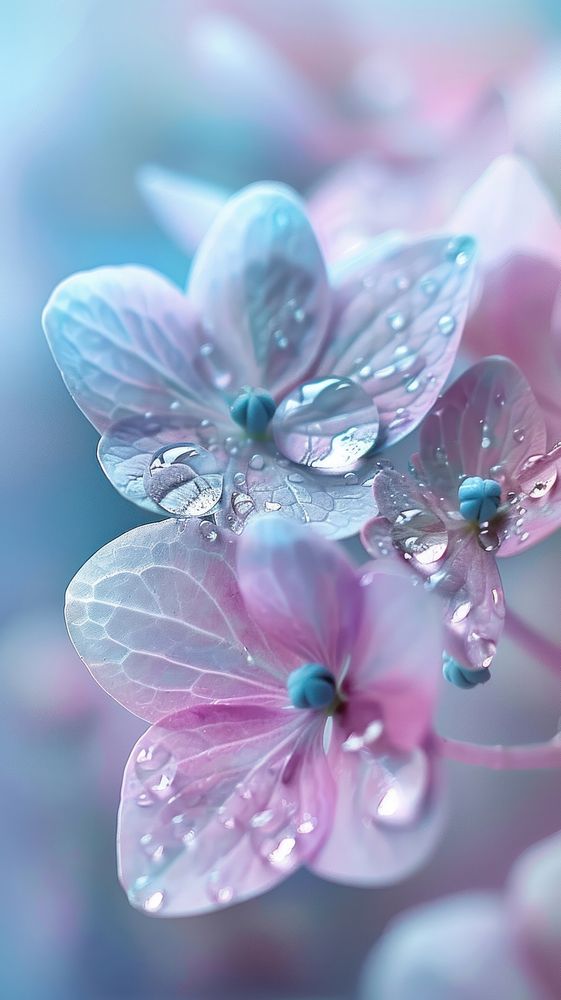 Water droplets on hydrangea flower blossom nature.