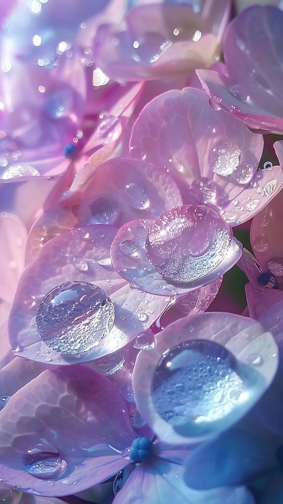Water droplets on hydrangea flower petal plant.