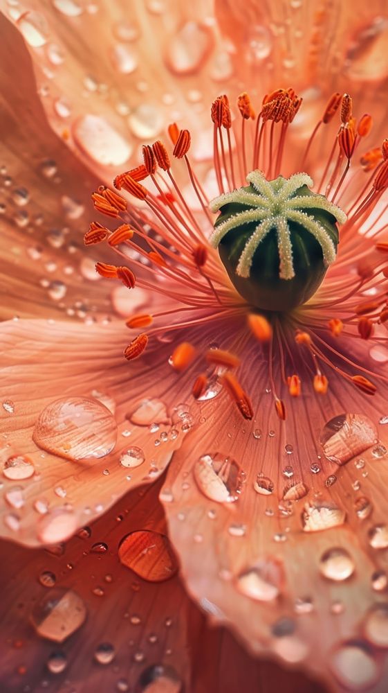 Water droplets on poppy flower pollen petal.