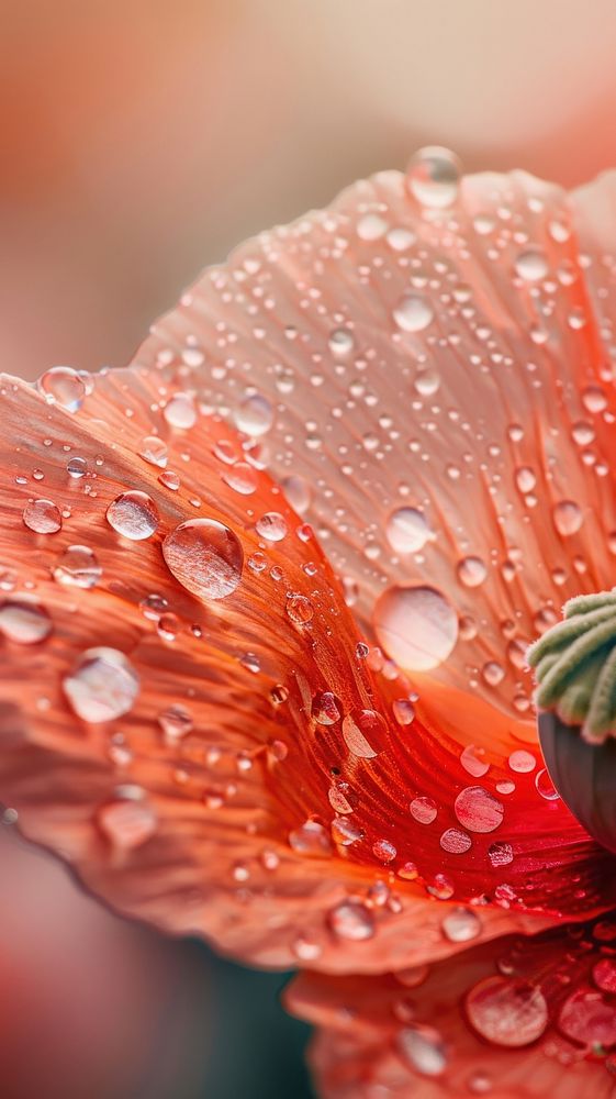 Water droplets on poppy flower petal plant.