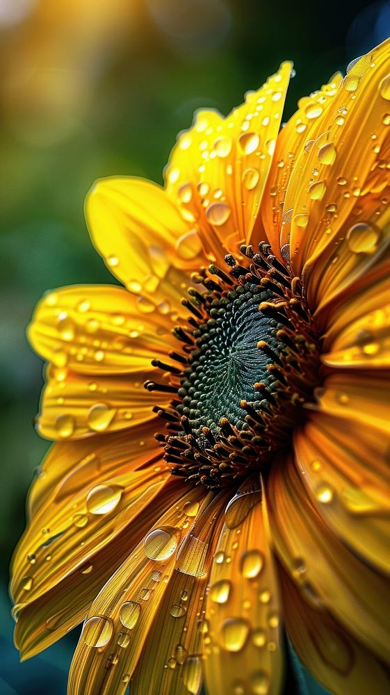 Water droplets on sunflower petal plant dew.