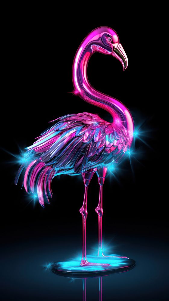 Neon small flamingo animal bird reflection.