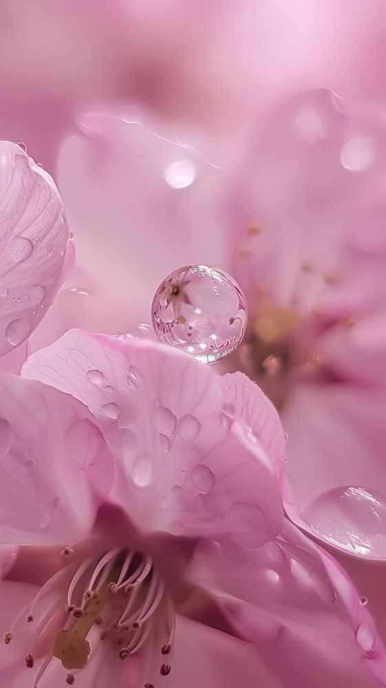 Water droplet on sakura flower blossom petal.