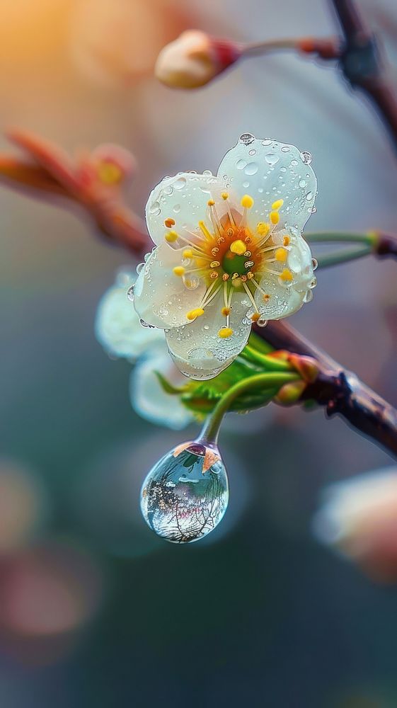 Sakura with dew drop outdoors blossom droplet.